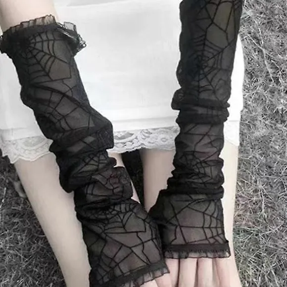 Albuelængde Mesh Blonde Lange Handsker Gennemsigtige Edderkoppespind Handsker Halloween Handsker