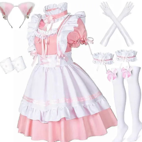 Anime Fransk Stuepige Forklæde Lolita Fancy Kjole Cosplay Kostume Pelsede Katteøre Handsker Sokker Sæt til Kvinder Pink M
