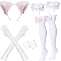 Anime Fransk Stuepige Forklæde Lolita Fancy Kjole Cosplay Kostume Pelsede Katteøre Handsker Sokker Sæt til Kvinder Pink M