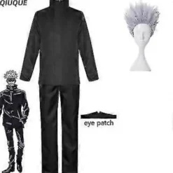 2023-anime Jujutsu Kaisen Gojo Satoru Cosplay Kostume Toppe Bukser Øjenlap Halloween Fest Mænd Uniform Parykker-1-1(XXXL Sort Pakke 5)