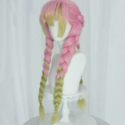 Anime lyserød og grøn paryk til Mitsuri Cosplay flettet hårparyk med hestehaler Halloween festparyk + hætte, wz-2055 (FMY)