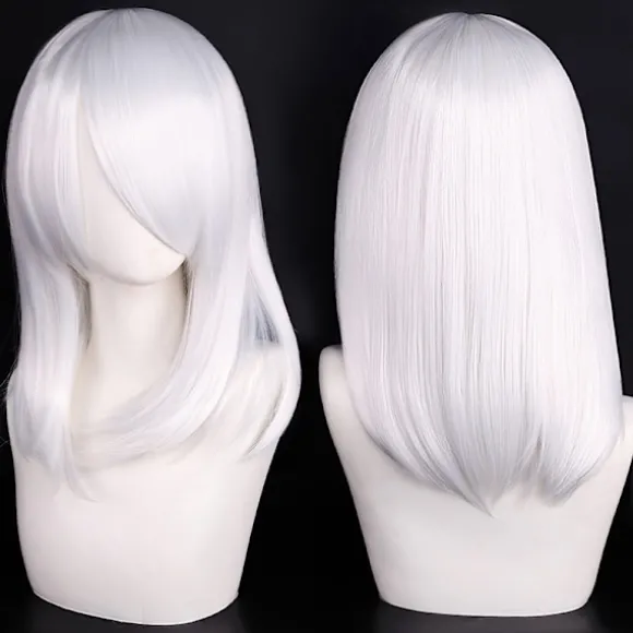 Anime-karakterer cosplay paryk med pandehår, mellemlang 40 cm, hvid