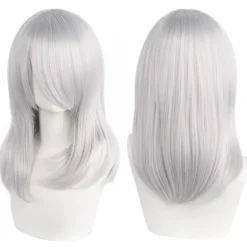Anime-karakterer cosplay paryk med pandehår, mellemlang 40 cm, sølvfarvet