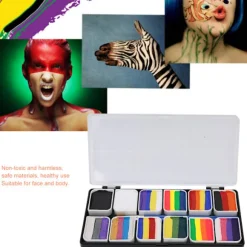Ansigtsmalings Makeup Palette, Regnbue Krops- & Ansigtsmalingssæt med One Stroke Teknologi, Vandaktiveret Split Cake Sæt til Børn og Voksne