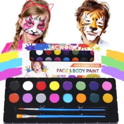 Ansigtsmalingssæt til børn, 16-farvepalette med pensler, giftfri og vaskbar, perfekt til Halloween og fester