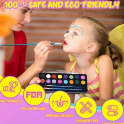 Ansigtsmalingssæt til børn, 16-farvepalette med pensler, giftfri og vaskbar, perfekt til Halloween og fester