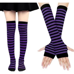 Arm sleeves + damestrømper - stribede knæstrømper (sorte og lilla striber)
