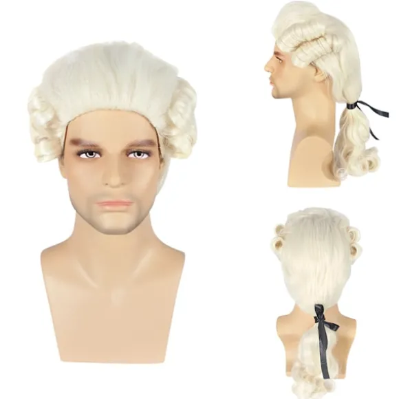 Barok paryk (lys blond), markis paryk til mænd og kvinder med sort bånd og krøller
