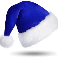 Blå Julehue til Voksne, Deluxe Fløjl Julemandshat, Luksus Julemandshat til Kvinder og Mænd, Kostume til Julefest