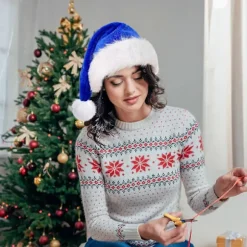 Blå Julehue til Voksne, Deluxe Fløjl Julemandshat, Luksus Julemandshat til Kvinder og Mænd, Kostume til Julefest