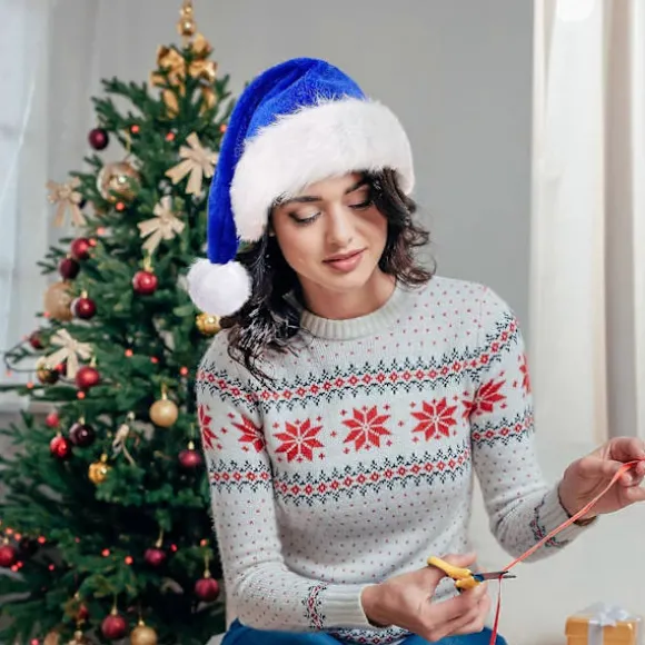 Blå Julehue til Voksne, Deluxe Fløjl Julemandshat, Luksus Julemandshat til Kvinder og Mænd, Kostume til Julefest