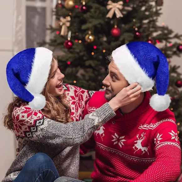 Blå Julehue til Voksne, Deluxe Fløjl Julemandshat, Luksus Julemandshat til Kvinder og Mænd, Kostume til Julefest