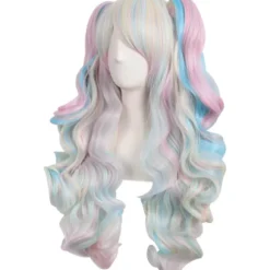 (Blå/Pink/Blonde) 28"/70cm Lange Krøllede Kvinder Flettet Parykker