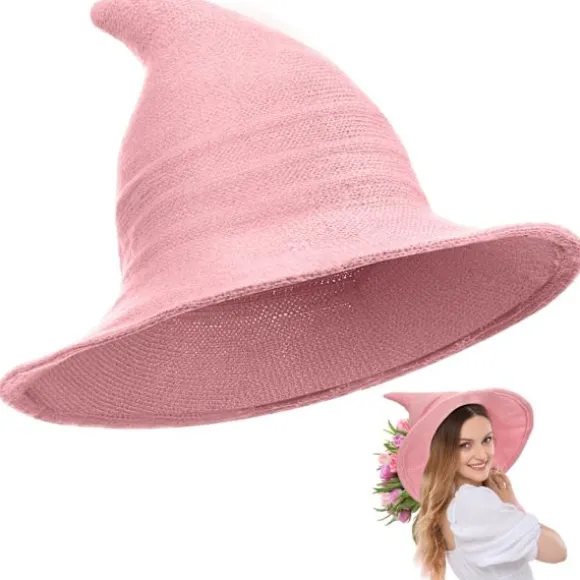 Bredskygget Strikket Heksehat, Foldbar Spids Filthat til Kvinder, Halloween Cosplay Kostume Maskerade Tilbehør