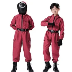 Børns Squid Play Kostume Cosplay Jumpsuit + Maske . V square 130cm
