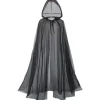 Brudekjole med hætte af tyl til kvinder, elverkjole med langt slæb, halloween-kappe, hekse-cosplay, maskefestkostume (sort)