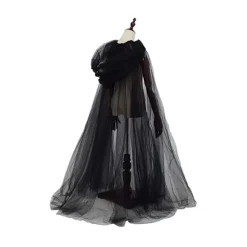 Brudekjole med hætte af tyl til kvinder, elverkjole med langt slæb, halloween-kappe, hekse-cosplay, maskefestkostume (sort)
