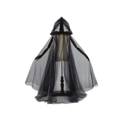 Brudekjole med hætte af tyl til kvinder, elverkjole med langt slæb, halloween-kappe, hekse-cosplay, maskefestkostume (sort)
