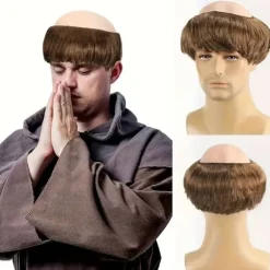 [Brun munkeparyk] Brun lige kort herre munkeparyk med barberet hoved | med hætte, perfekt til Halloween-kostume, temafester og rollespil (Cosplay) Dark Brown-1 8inch | Fyndiq