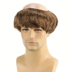 [Brun munkeparyk] Brun lige kort herre munkeparyk med barberet hoved | med hætte, perfekt til Halloween-kostume, temafester og rollespil (Cosplay) Dark Brown-1 8inch | Fyndiq