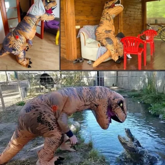 (Brun) Tyrannosaurus Rex Kostume Voksen Dinosaur Kostume Oppustelig
