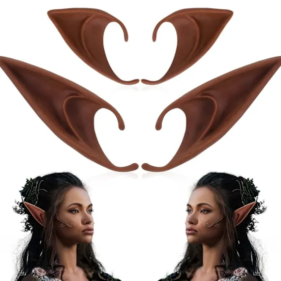Brune Alfeører - Kort og Langt Fe-Øre Sæt, Silikon Vampyrører, Brun Pels Kvinder, Cosplay, Renaissance Dark brown 2 pairs