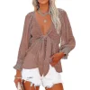Bxhd Dame Langærmet Boho Skjorte Dyb V-hals Front Slips Knude Peplum Bluser Toppe Jp