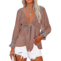 Bxhd Dame Langærmet Boho Skjorte Dyb V-hals Front Slips Knude Peplum Bluser Toppe Jp