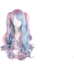 [CA] Lolita Lang Krøllet Clip-On Hestehale Cosplay Paryk, Dobbelt Hestehale Tiger Clip Lang Krøllet Paryk (pink/blå/blond), wz-1352 (FMY)