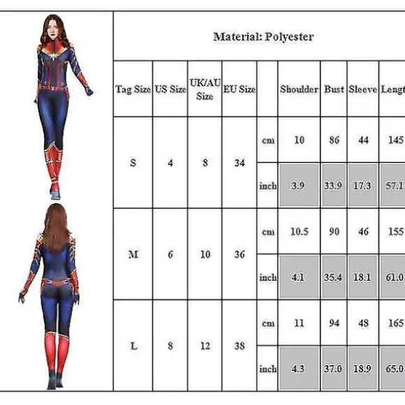 Captain Marvel Cosplay Kostume Jumpsuit Captain Marvel Bodysuit Halloween Party Karneval Fancy Dress Up Til Kvinder S