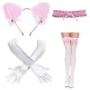 Catgirl Udklædningssæt Inklusive Hårbøjle Blondekrave Halskæde Handsker og Knæhøje Strømper til Kvinder Halloween Pink (Pink)
