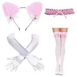 Catgirl Udklædningssæt Inklusive Hårbøjle Blondekrave Halskæde Handsker og Knæhøje Strømper til Kvinder Halloween Pink (Pink)