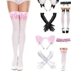 Catgirl Udklædningssæt Inklusive Hårbøjle Blondekrave Halskæde Handsker og Knæhøje Strømper til Kvinder Halloween Pink (Pink)