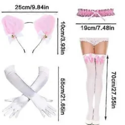 Catgirl Udklædningssæt Inklusive Hårbøjle Blondekrave Halskæde Handsker og Knæhøje Strømper til Kvinder Halloween Pink (Pink)