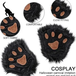 Cosplay Dyrepotehandsker Sæt med Kunstpels Hale og Ører Hovedbøjle Fleksible Fuld Finger Vanter til Vintervarme, Halloweenfest & Anime Cosplay
