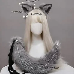 Cosplay Furry Dyreører Hårbøjle Hale Sæt Fancy Kjole Kostume Lang Pels Hovedbeklædning til Halloween Fest Dekoration Grå Gray