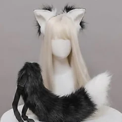 Cosplay Furry Dyreører Hårbøjle Hale Sæt Fancy Kjole Kostume Lang Pels Hovedbeklædning til Halloween Fest Dekoration Grå Gray
