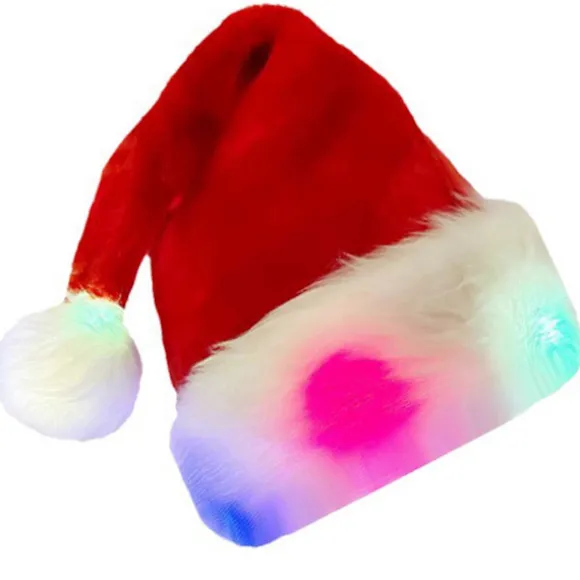 Cosplay julemandshat med lys til voksne Unisex plys komfortable hatte Klassisk rød hat nytårsfest CJY Adult Lanterns