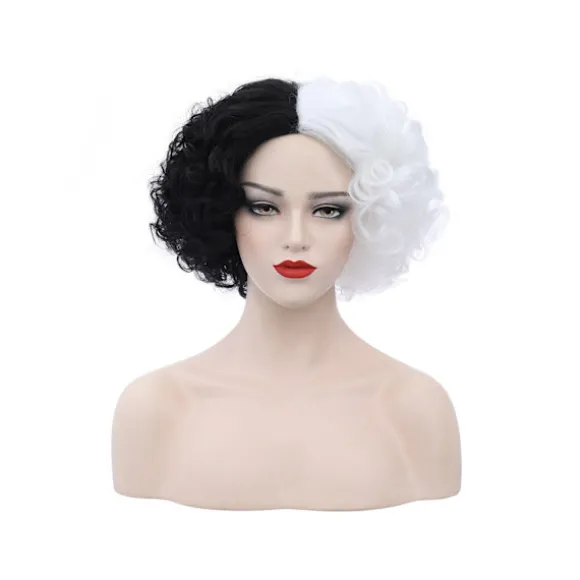 Cosplay Paryk Fluffy Sort Hvid Højtemperatur Fiber Varmebestandig Komfortabel Kort Krøllet Bølge Hekse Paryk til Halloween - Sort Hvid