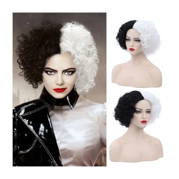Cosplay Paryk Fluffy Sort Hvid Højtemperatur Fiber Varmebestandig Komfortabel Kort Krøllet Bølge Hekse Paryk til Halloween - Sort Hvid