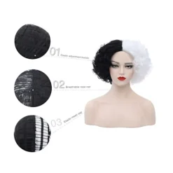 Cosplay Paryk Fluffy Sort Hvid Højtemperatur Fiber Varmebestandig Komfortabel Kort Krøllet Bølge Hekse Paryk til Halloween - Sort Hvid
