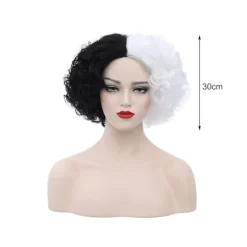 Cosplay Paryk Fluffy Sort Hvid Højtemperatur Fiber Varmebestandig Komfortabel Kort Krøllet Bølge Hekse Paryk til Halloween - Sort Hvid