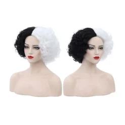 Cosplay Paryk Fluffy Sort Hvid Højtemperatur Fiber Varmebestandig Komfortabel Kort Krøllet Bølge Hekse Paryk til Halloween - Sort Hvid