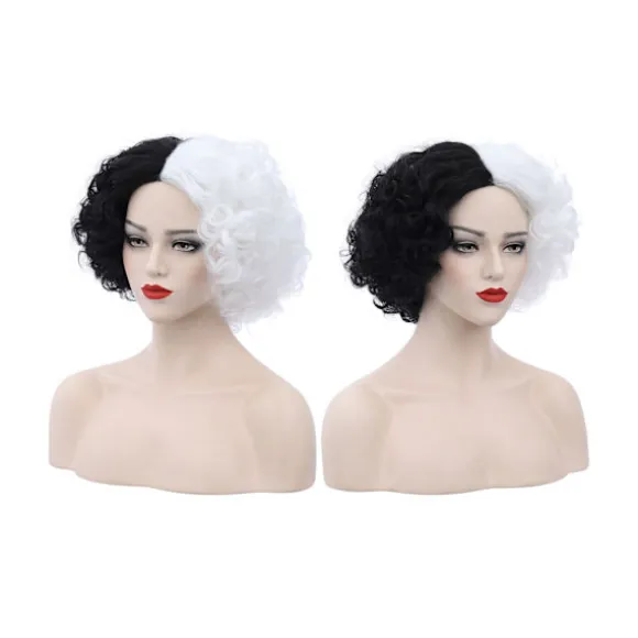 Cosplay Paryk Fluffy Sort Hvid Højtemperatur Fiber Varmebestandig Komfortabel Kort Krøllet Bølge Hekse Paryk til Halloween - Sort Hvid