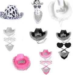 Cowboyhatte Western Cowgirl Hat Bandana Briller Unisex Cowboyhat Fødselsdagskostume Cosplay Kjole Festtilbehør Black-White hat*glasses*square towel