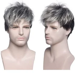 Creamily Mænd Grå Paryk Kort Lagdelt Grå Blandet Sort Naturlig Syntetisk Halloween Cosplay Kostume Parykker til Mænd, CJY