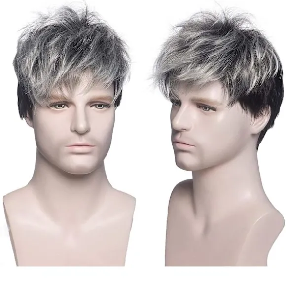 Creamily Mænd Grå Paryk Kort Lagdelt Grå Blandet Sort Naturlig Syntetisk Halloween Cosplay Kostume Parykker til Mænd, CJY