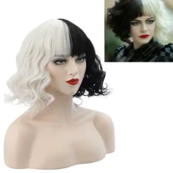 Cruella de Vil Cosplay Paryk Kort Bølget Krøllet Hår Paryk til Kvinder Cruella Sort & Hvid, CJY