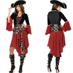 Dam 3 st Cruel Seas Pirate Kaptajn Kjole Kostume med fastgjort bælte, bælte, hat, sort/vinrød S