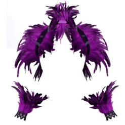 Dame Naturlig Fjer Kappe med Håndledsmanchetter Armbånd, Kostume Gotisk Snøreshal Sjal Krave, Halloween Kostume Tilbehør Lilla